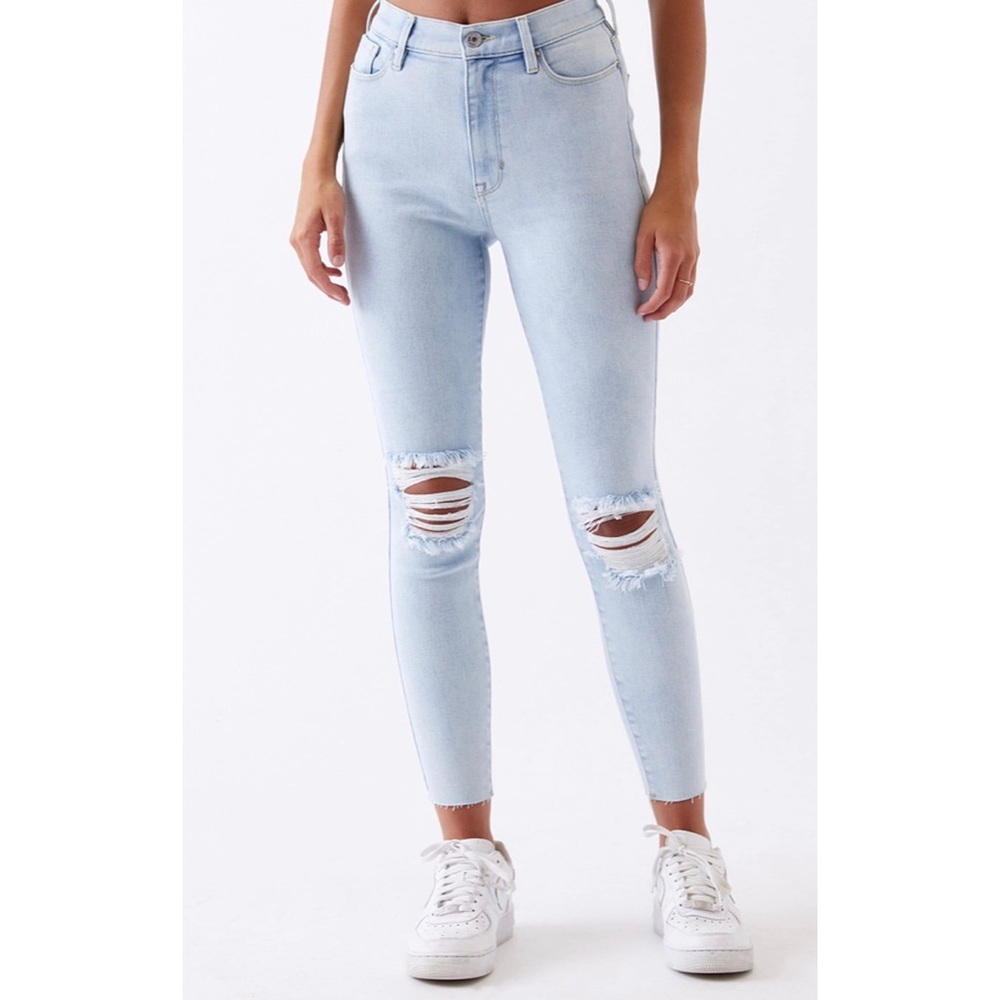 PACSUN denim distressed ripped super high rise jeggings crisp blue jeans size 26